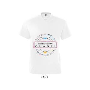 Finitions : Impression numérique quadri sur t-shirt blanc homme Sol's modèle Victory Col V.
 Avantages : L'impression numérique haute définition permet un rendu de couleur exceptionnel. 
Exemples d'utilisation : Vêtements de travail, évènementiels ... 